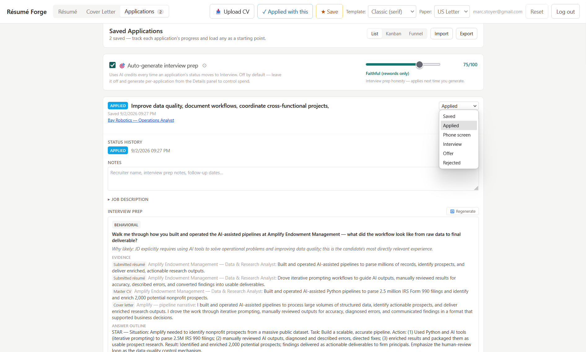 Résumé Forge showing evidence-grounded interview preparation for a saved application