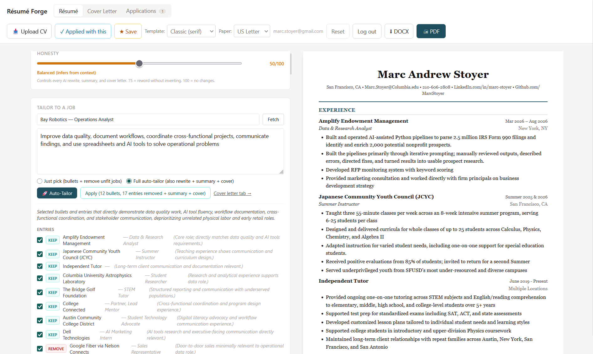 Résumé Forge showing job-tailoring recommendations beside the generated résumé preview